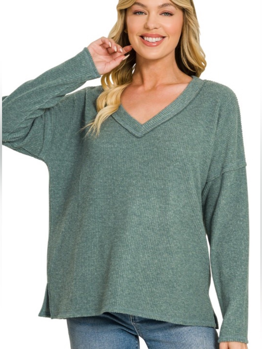 995. JADE WOMEN’S RIBBED V-NECK DROP SHOULDER TOP